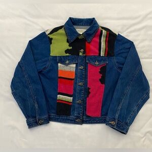 Vintage SUSAN BRISTOL Fleece Patchwork Blue Denim Jacket. Size Large